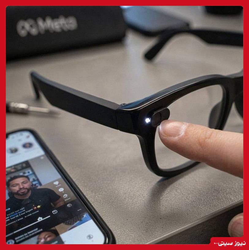 عینک متا Ray-Ban با دوربین و چراغ سفید نشان‌دهنده‌ی ضبط