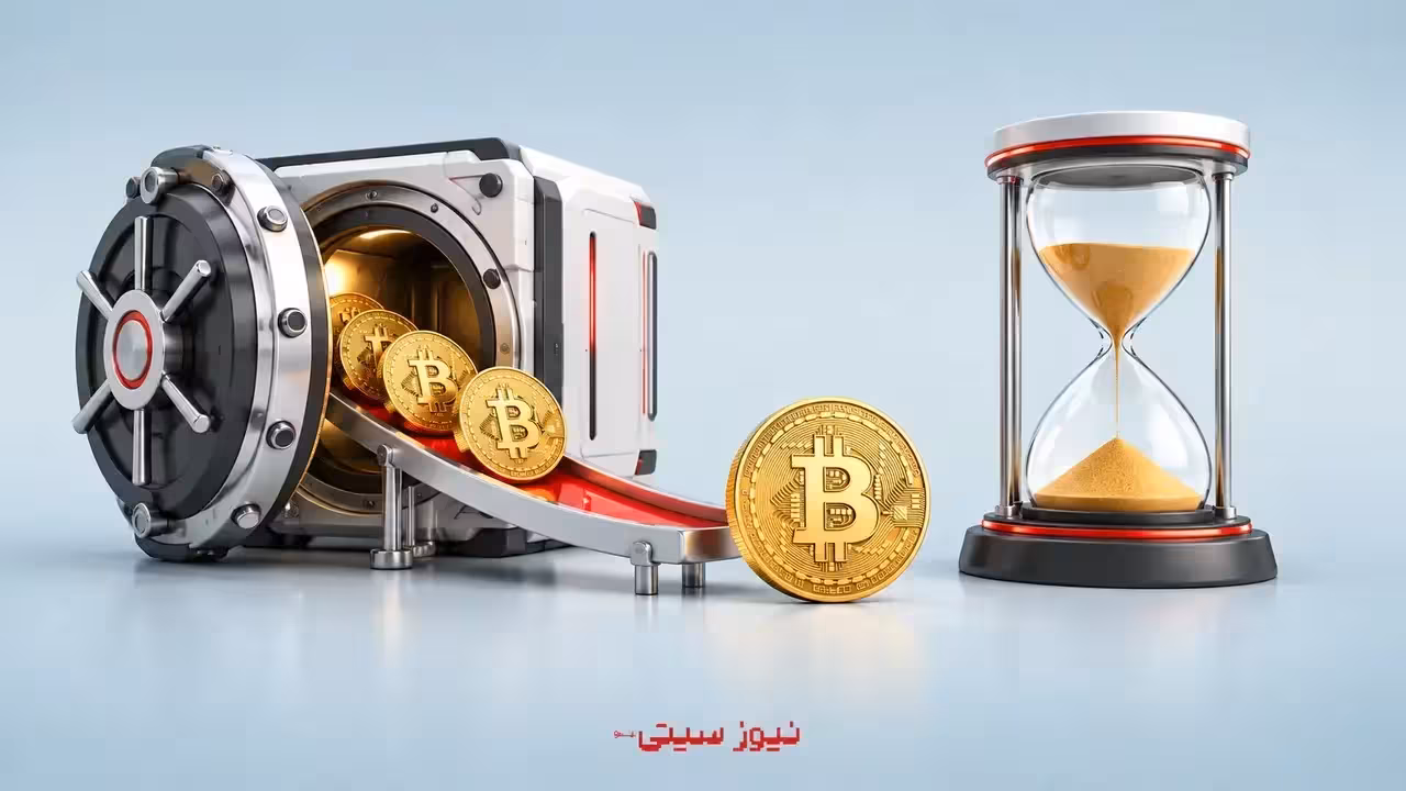 کوین‌های بیت‌کوین کنار گاوصندوق باز و ساعت شنی مفهومی CDD
