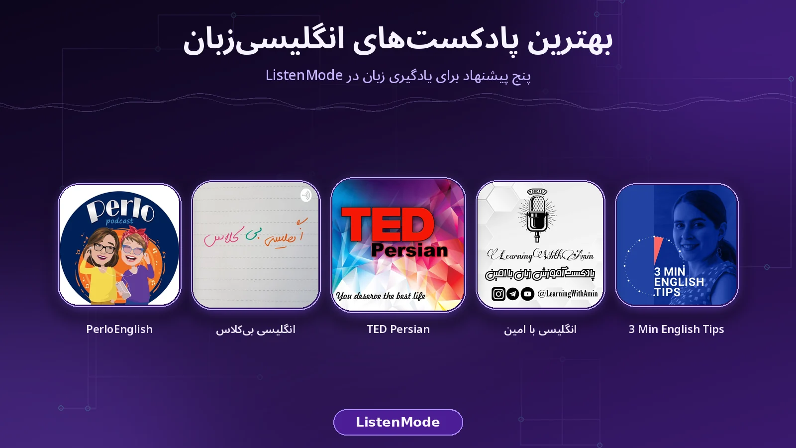 کلاژ کاور پادکست‌های 3 Min English Tips، انگلیسی با امین، TED Persian، انگلیسی بی‌کلاس و PerloEnglish روی پس‌زمینه بنفش تیره ListenMode