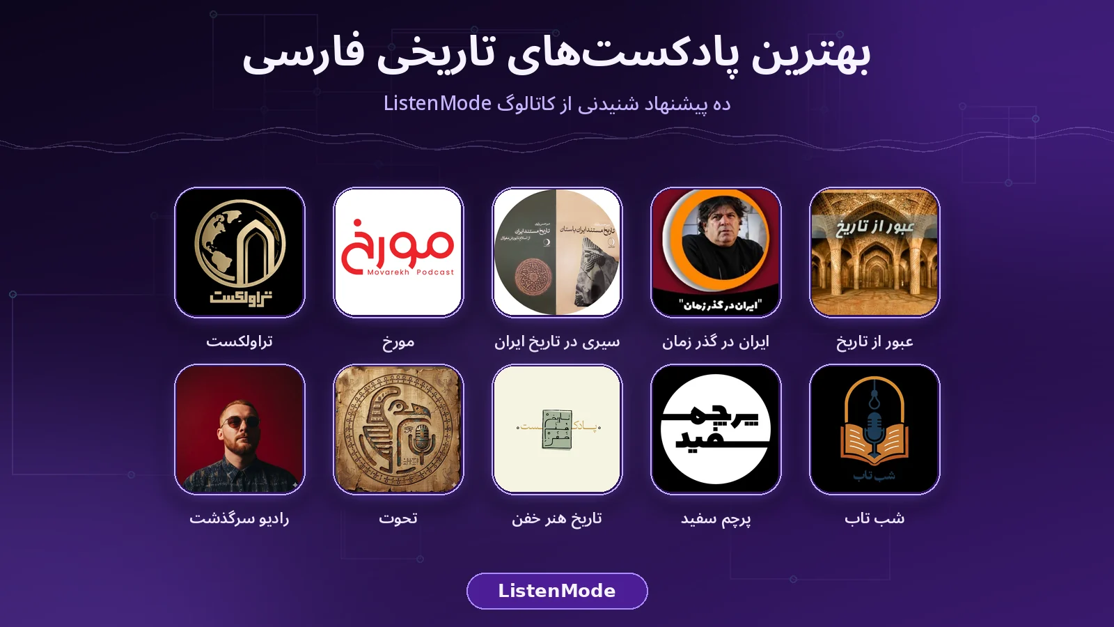 کلاژ کاور پادکست‌های عبور از تاریخ، ایران در گذر زمان، سیری در تاریخ ایران، مورخ، تراولکست، شب تاب، پرچم سفید، تاریخ هنر خفن، تحوت و رادیو سرگذشت روی پس‌زمینه بنفش تیره ListenMode