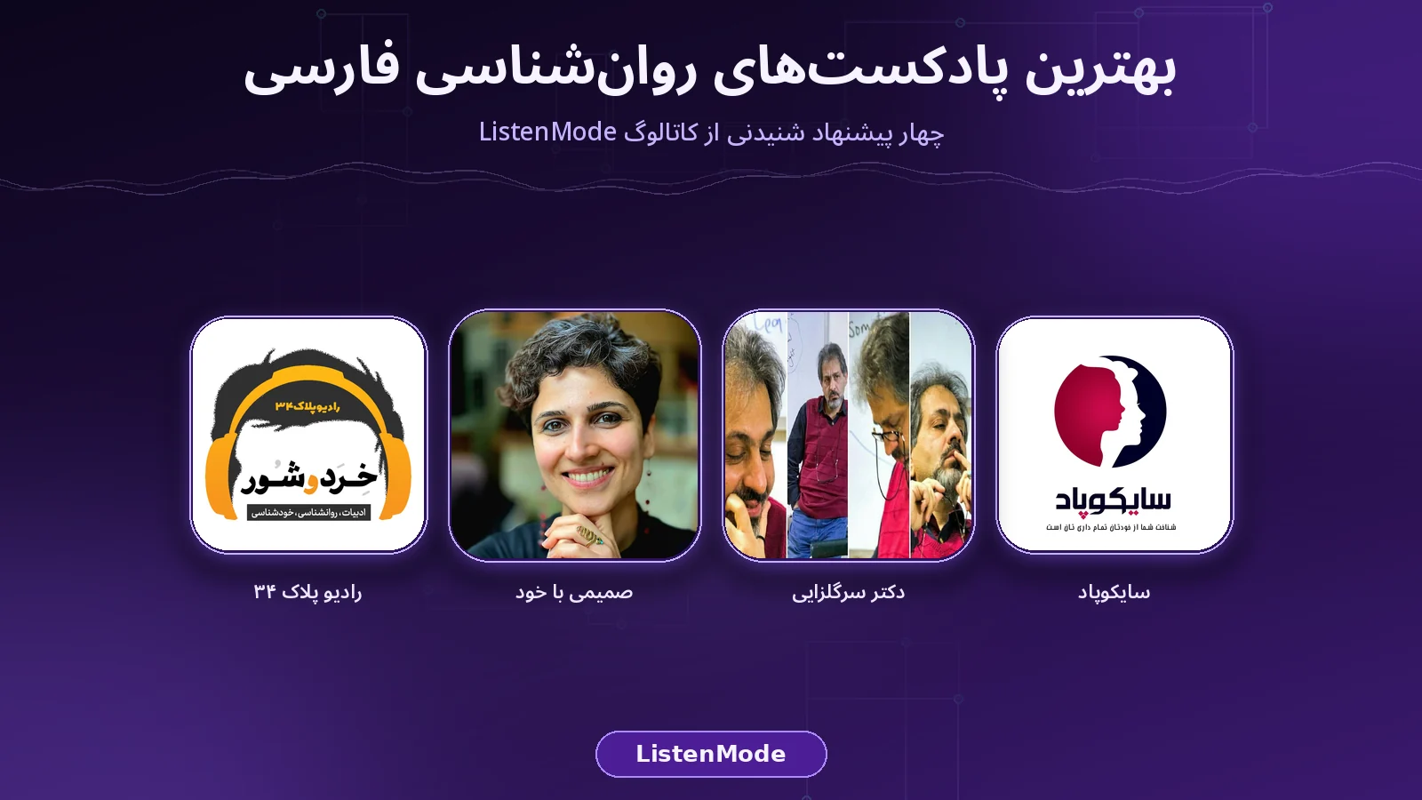 کلاژ کاور پادکست‌های سایکوپاد، دکتر سرگلزایی، صمیمی با خود و رادیو پلاک ۳۴ روی پس‌زمینه بنفش تیره ListenMode