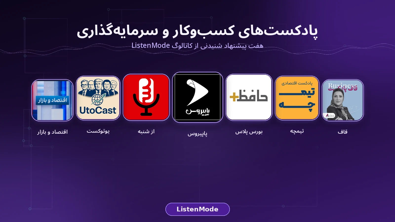 کلاژ کاور پادکستهای قاف، تیمچه، بورس پلاس، پاپیروس، از شنبه، یوتوکست و اقتصاد و بازار روی پسزمینه بنفش تیره ListenMode