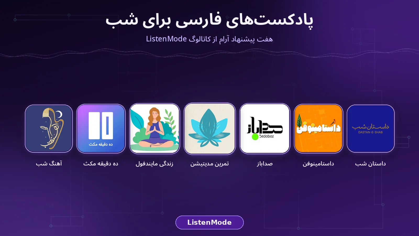کلاژ کاور پادکست‌های داستان شب، داستامینوفن، صداباز، تمرین مدیتیشن، زندگی مایندفول، ده دقیقه مکث و آهنگ شب روی پس‌زمینه بنفش تیره ListenMode