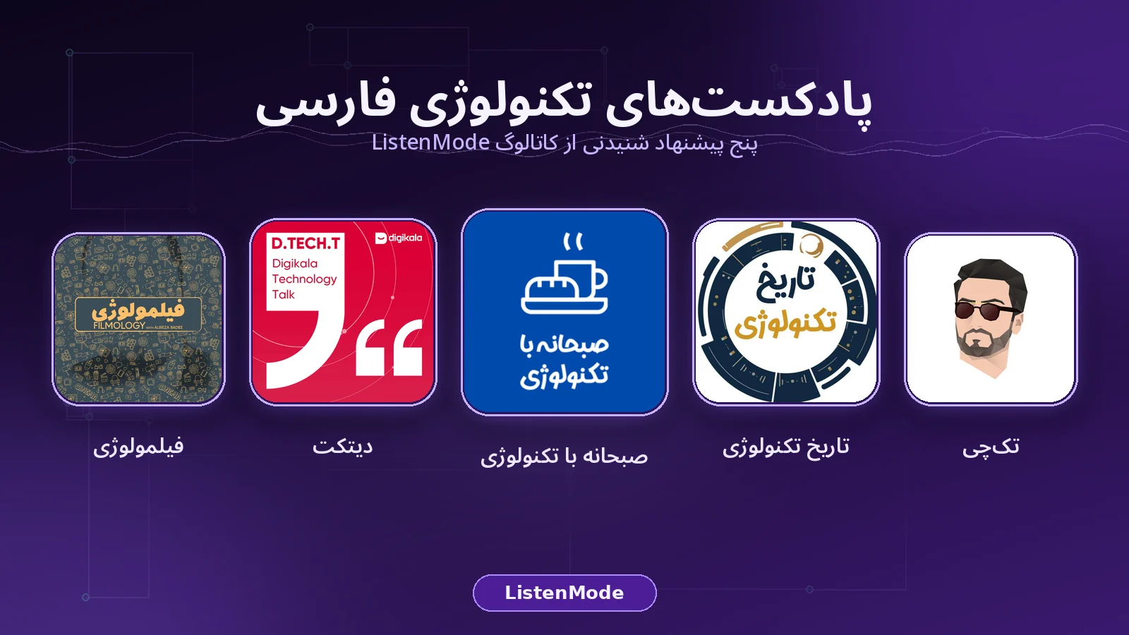 کلاژ کاور پادکست‌های تک‌چی، تاریخ تکنولوژی، صبحانه با تکنولوژی، دیتکت و فیلمولوژی روی پس‌زمینه بنفش تیره ListenMode